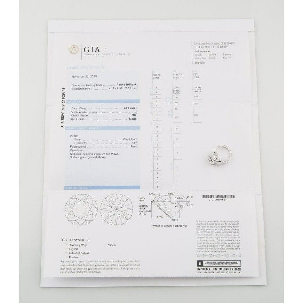 3.05 carat Round Brilliant Diamond 14k White Gold Engagement Ring GIA Certified - Picture 9 of 9